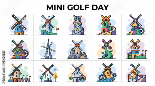 Mini Golf Day Windmills - Flat Vector Icons Collection