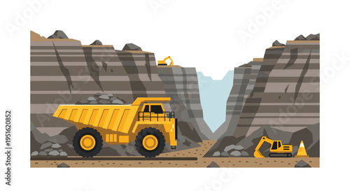 A large yellow dump truck is loaded with rocks in an open-pit mining operation with layered rock walls.