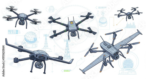 Various drones in flight showcasing technological advancements and aerial capabilities.