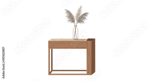 A modern wooden console table holds a glass vase with dried pampas grass against a white background.