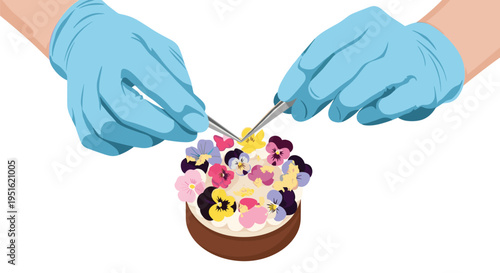 Two gloved hands meticulously place colorful edible flowers onto a frosted dessert using tweezers.