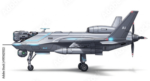 Detailed side view of a modern unmanned aerial vehicle with propeller and landing gear.