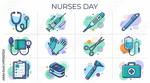 Nurses Day Medical Icons: Stethoscope, Syringe, Thermometer