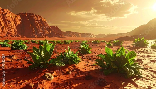 Wallpaper Mural Desert Landscape with Green Plants and Mountains. Torontodigital.ca
