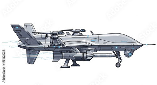 Futuristic military drone aircraft with advanced technology and weaponry systems.