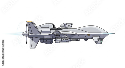Detailed illustration of a military drone aircraft in flight, side view, isolated.