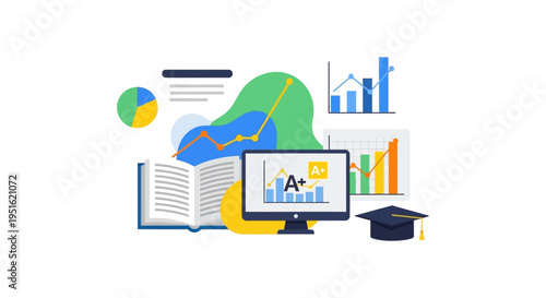 Academic Success and E-learning Results Illustration. Digital Education Performance Tracking, Data Analysis, Study Metrics, and Graduation Achievement.