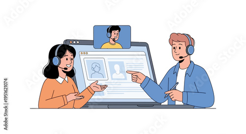 Remote Customer Support Team Meeting Illustration. Call Center Agents Using Headsets for Video Conference and Online Technical Assistance.