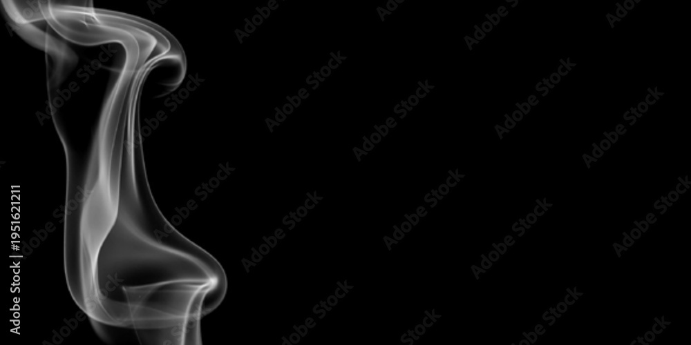 Fototapeta premium Elegant vertical white smoke wisp isolated on black background with copy space