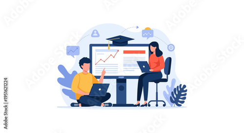 Digital E-Learning Success: Students Completing Online Courses and Analyzing Growth Data on Screen. Flat Vector Illustration for Training.