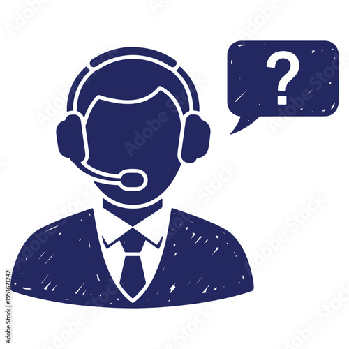 Customer support representative with headset and question mark providing assistance with frequently asked questions and helping resolve problems in communication