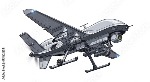 Detailed aerial drone with advanced surveillance and reconnaissance capabilities in flight.