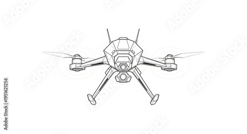 Detailed illustration of a drone with propellers and landing gear, front view.