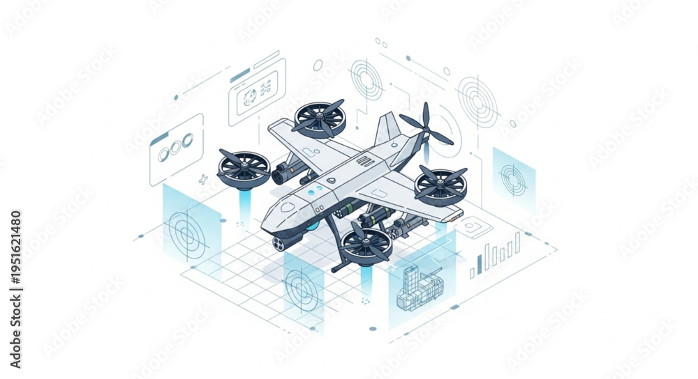 Fototapeta premium Detailed illustration of an airplane with propellers and intricate design elements.