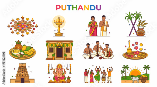 Puthandu Tamil New Year Celebration Icons - Vector Illustration