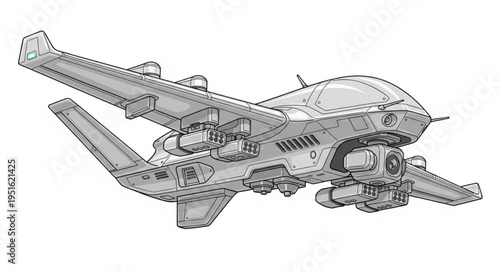 Detailed illustration of a futuristic military drone aircraft in flight, showcasing advanced technology.