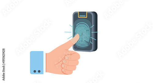 A human finger presses onto a glowing blue biometric fingerprint scanner for authentication.