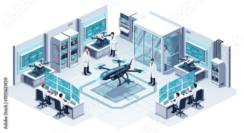 Drone technology research and development in a modern laboratory setting.