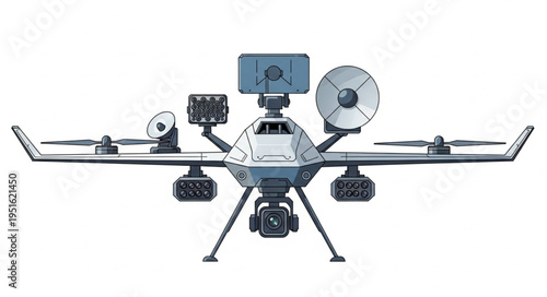 Advanced surveillance drone with multiple sensors and communication equipment.