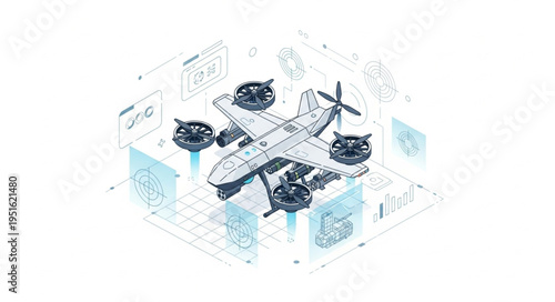 Detailed illustration of an airplane with propellers and intricate design elements.