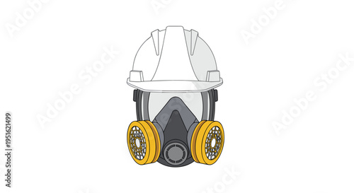 A white hard hat is combined with a grey and black respirator mask featuring two yellow filter cartridges against a plain white background.