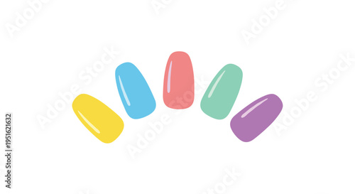 Five brightly colored fingernails are displayed in an arc against a clean white background.