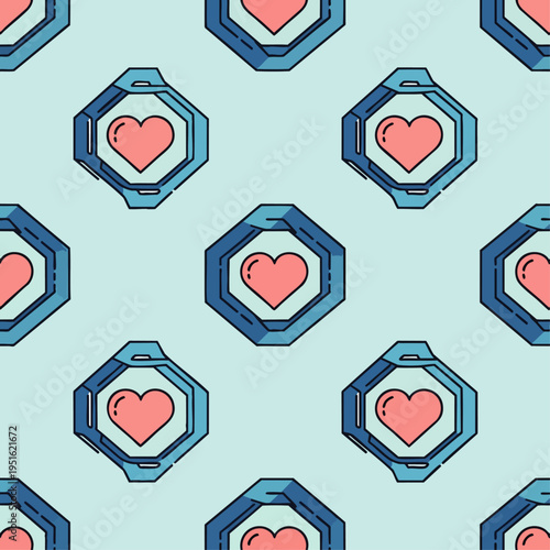 Modern geometric seamless pattern with stylized pink hearts in blue frames on light blue. Abstract vector for digital love, health, and wellness themes.