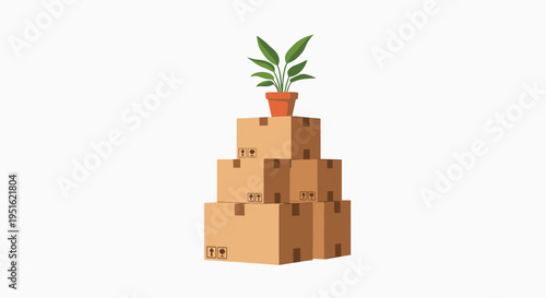 A pyramid of four brown cardboard boxes is topped with a green potted plant, featuring shipping symbols on a white background.