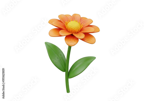 A vibrant orange gerbera daisy with lush green leaves and stem standing alone.