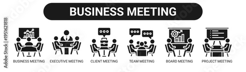 Business Meeting web banner icon vector illustration concept with icons of business, executive, client, team meeting, board meeting, and project meeting.