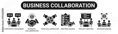 Business Collaboration web banner icon vector illustration concept with icons of corporate discussion, business collaboration, team collaboration, meeting agenda, project meeting, and decision making.