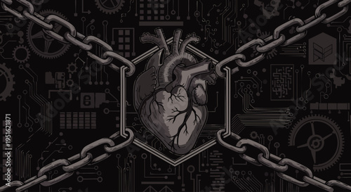Stylized human heart bound by heavy metal chains, set against a dark background of intricate mechanical gears and circuit patterns, symbolizing control and emotion.