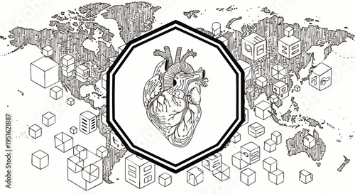 Abstract global network illustration with a human heart and data cubes on a world map. Represents interconnected health, technology, and information flow worldwide.