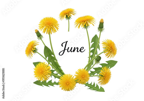 A cheerful floral wreath made of bright yellow dandelions celebrating the month of june