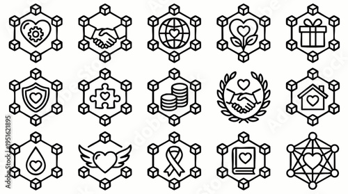 Charity and Social Good Line Icons Set. Vector collection of outline symbols for community support, donation, volunteering, and philanthropy projects.