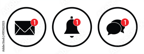 Notification icons for email, bells, and chat messages with a red alert or notification badge (number one). Perfect for new messages, alerts, and updates, social media, and communication icons.