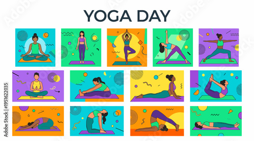 Yoga Day Celebration: Diverse People Doing Yoga Poses