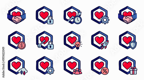Modern vector icon set of heart in hexagon symbols. Concepts: partnership, security, finance, innovation, community, customer care, and digital services.
