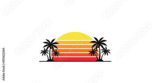 A stylized sunset with striped sun and four black palm tree silhouettes is depicted on a white background.