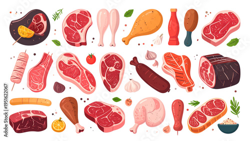 Collection of illustrated meat cuts and sausages including beef, pork, poultry, steaks, ribs, drumsticks and culinary food elements"