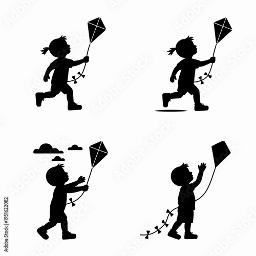 Silhouetted figures of children are depicted with kites in various playful poses.