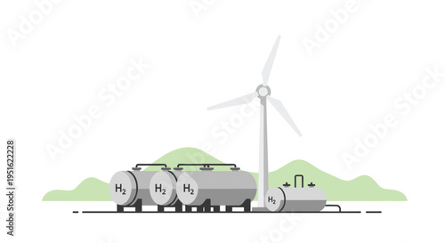 A wind turbine stands next to four hydrogen storage tanks with green hills in the background.