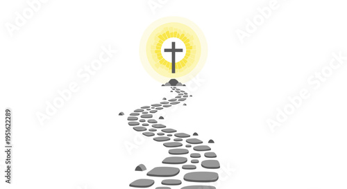 A winding stone path leads to a cross on a mound illuminated by a bright sunburst on a white background.