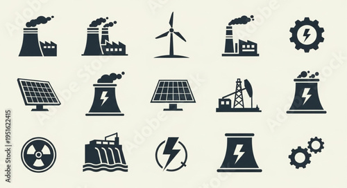 Energy Generation Icons - Diverse Power Sources and Industrial Symbols.