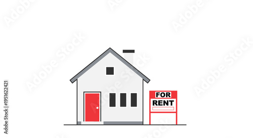 A simple white house with a red door is situated next to a red FOR RENT sign on a white background.