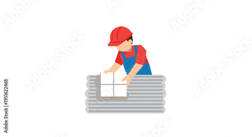 A construction worker wearing a red hard hat and blue overalls is placing a white tile onto a stack of grey materials.