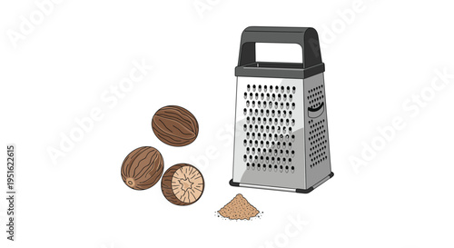 A metal box grater is positioned next to three whole and halved nutmeg seeds with a pile of grated spice on a white background.