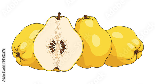 Four yellow quince fruits, one sliced open to show its seeds, are displayed on a clean white surface.