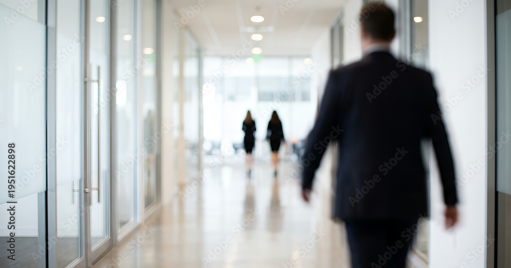 Fototapeta premium Minimalist business interior with warm lighting and polished floors presents blurred figures in motion, symbolizing efficiency, communication, and daily office interactions.