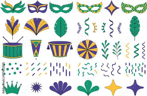Collection of festive mardi gras themed decorative elements and party icons in purple and gold isolated on transparent background